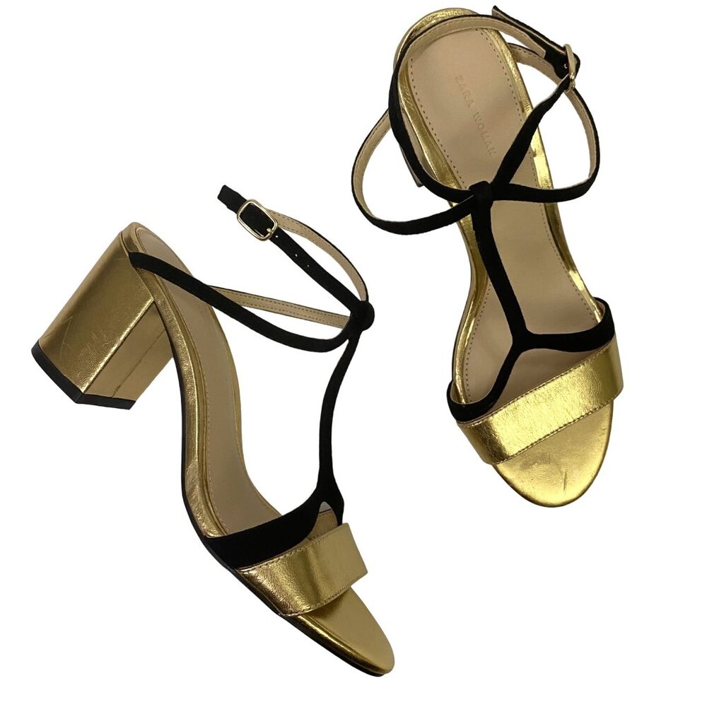 Zara Woman Gold Black Chunky Block Heel Sandals Open Toe Holiday Size 38